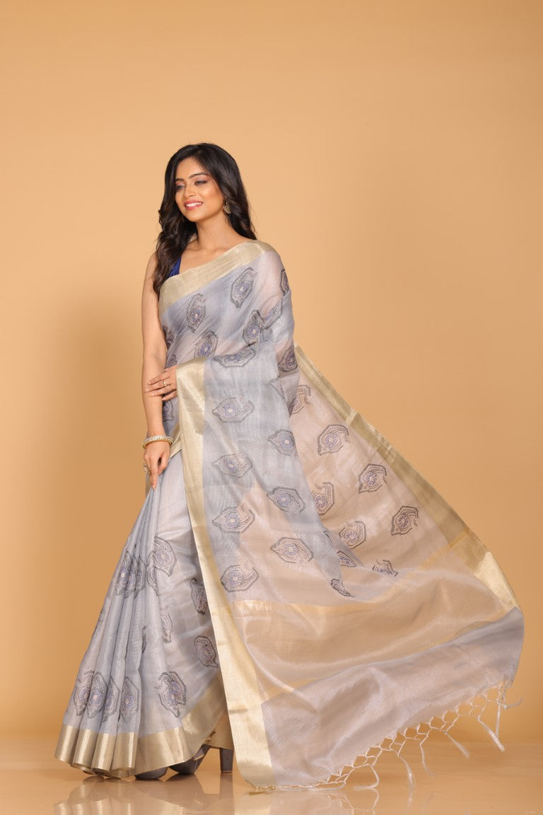 Morchari Kota Tissue Zari Embroidery Saree - Grey | Grocsy