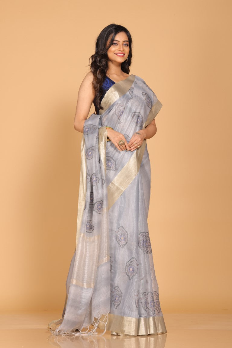 Morchari Kota Tissue Zari Embroidery Saree - Grey | Grocsy