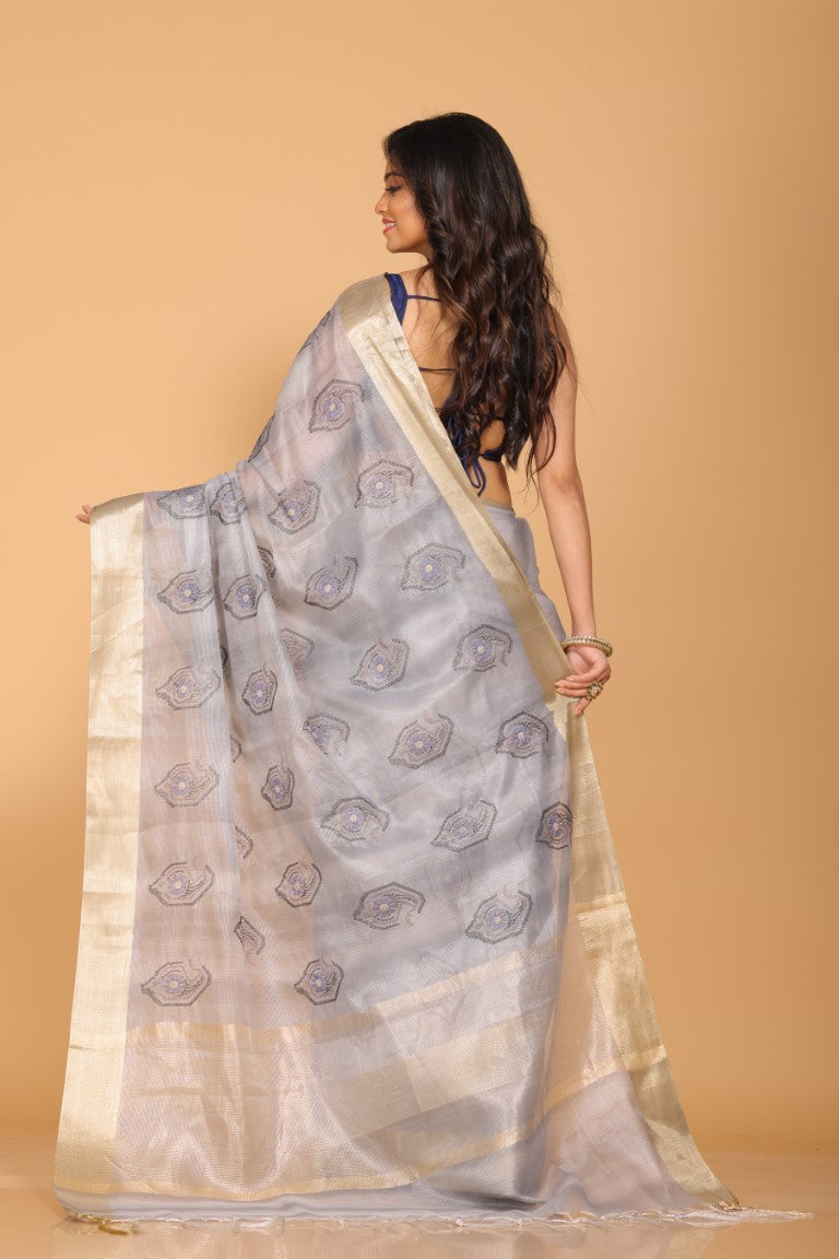 Morchari Kota Tissue Zari Embroidery Saree - Grey | Grocsy