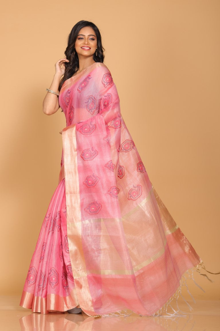 Morchari Kota Tissue Zari Embroidery Saree - Pink | Grocsy