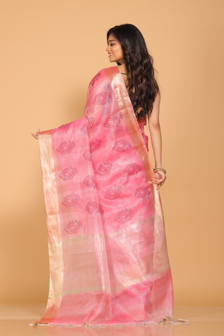 Morchari Kota Tissue Zari Embroidery Saree - Pink | Grocsy