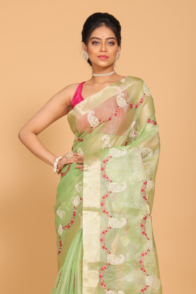 Morchari Kota Zari Embroidery Saree - Green | Grocsy