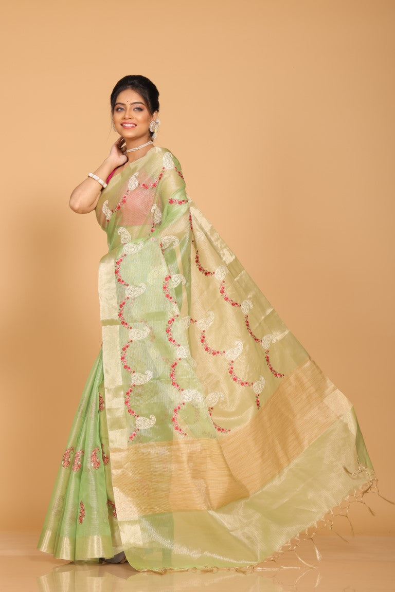 Morchari Kota Zari Embroidery Saree - Green | Grocsy