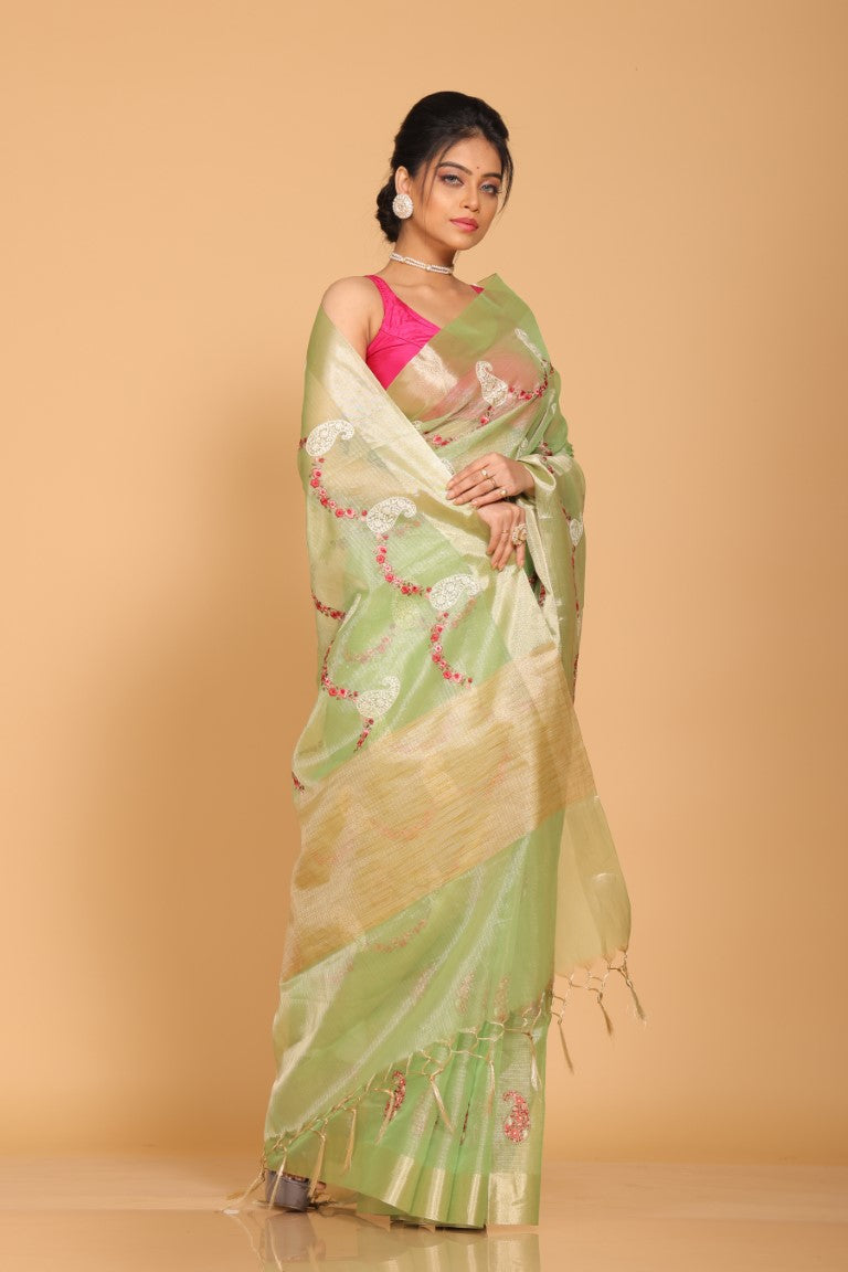 Morchari Kota Zari Embroidery Saree - Green | Grocsy