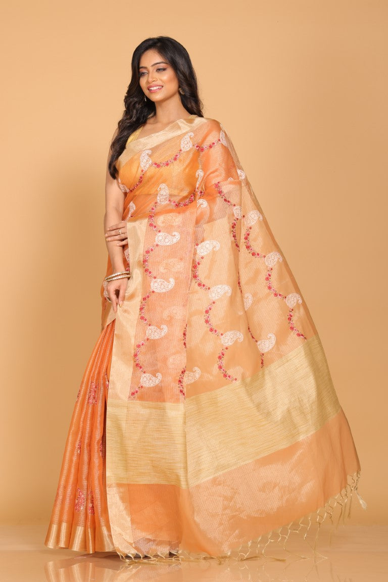 Morchari Kota Zari Embroidery Saree - Peach | Grocsy