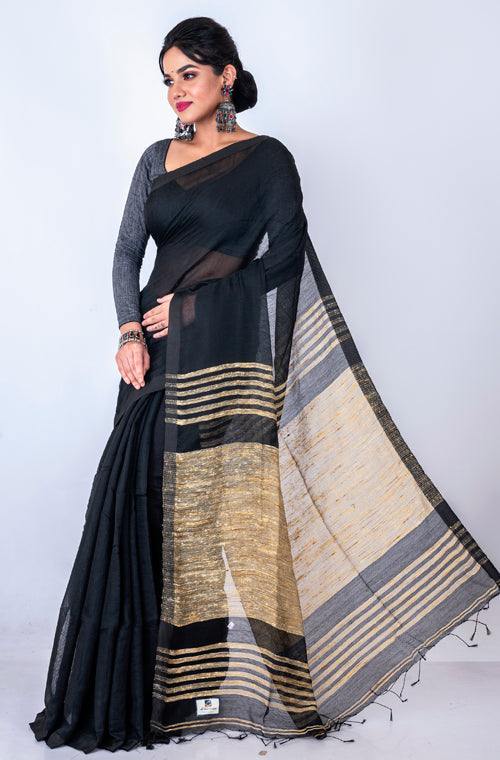 Morchari Bengal Jute Handloom Saree - Black | Grocsy