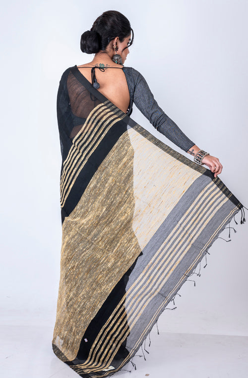 Morchari Bengal Jute Handloom Saree - Black | Grocsy