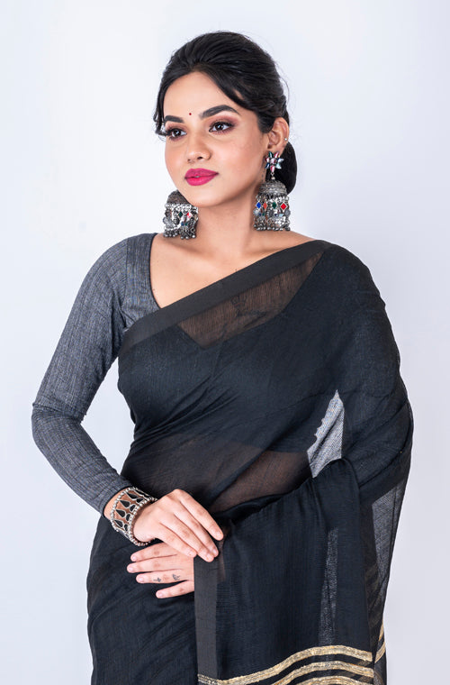 Morchari Bengal Jute Handloom Saree - Black | Grocsy