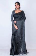 Morchari Bengal Handloom Cotton Zari Check Saree - Black | Grocsy