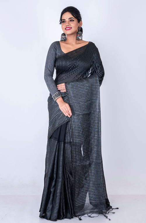 Morchari Bengal Handloom Cotton Zari Check Saree - Black | Grocsy