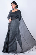 Morchari Bengal Handloom Cotton Zari Check Saree - Black | Grocsy