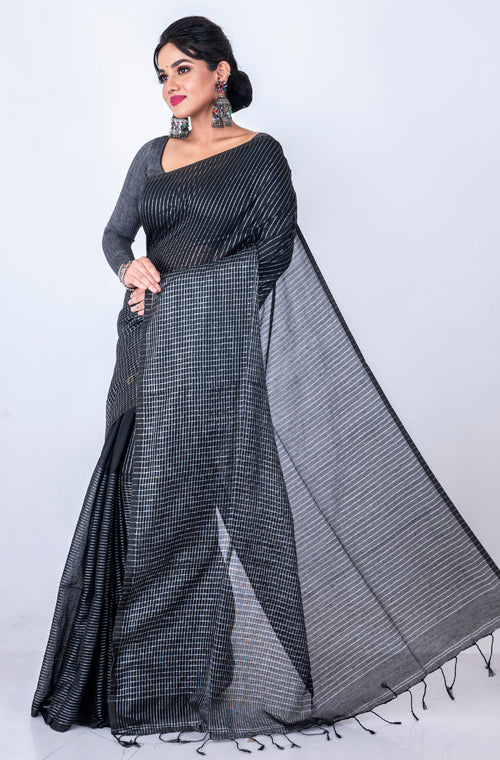 Morchari Bengal Handloom Cotton Zari Check Saree - Black | Grocsy