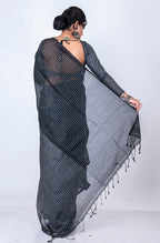 Morchari Bengal Handloom Cotton Zari Check Saree - Black | Grocsy