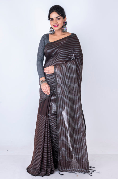 Morchari Bengal Handloom Cotton Zari Check Saree - Brown | Grocsy