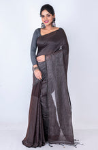 Morchari Bengal Handloom Cotton Zari Check Saree - Brown | Grocsy