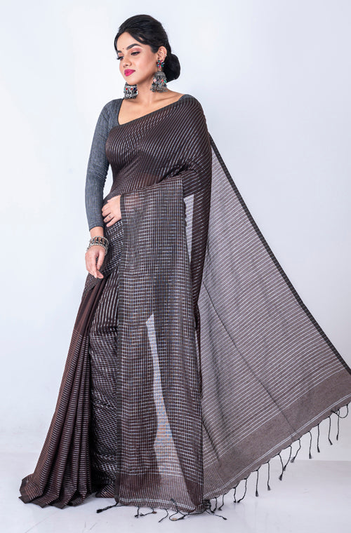 Morchari Bengal Handloom Cotton Zari Check Saree - Brown | Grocsy