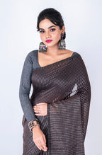 Morchari Bengal Handloom Cotton Zari Check Saree - Brown | Grocsy