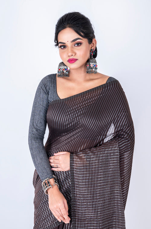 Morchari Bengal Handloom Cotton Zari Check Saree - Brown | Grocsy
