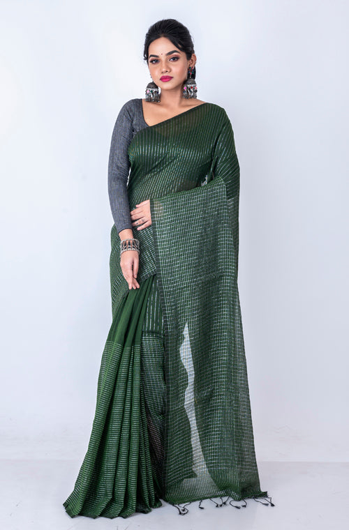 Morchari Bengal Handloom Cotton Zari Check Saree - Green | Grocsy