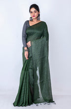 Morchari Bengal Handloom Cotton Zari Check Saree - Green | Grocsy
