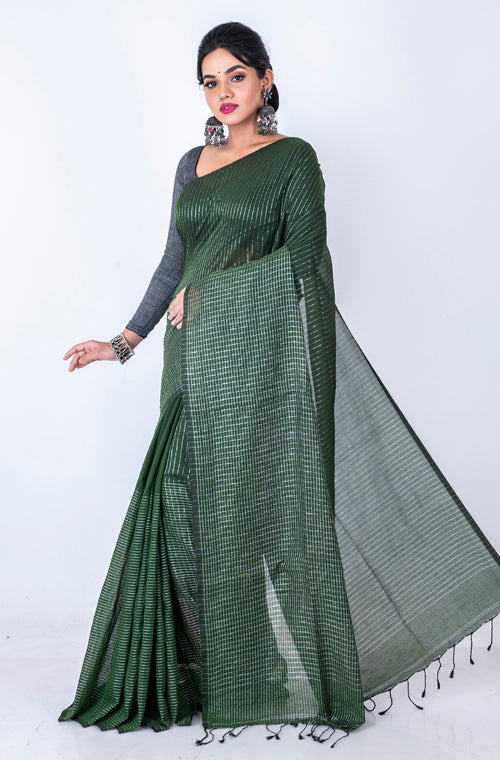 Morchari Bengal Handloom Cotton Zari Check Saree - Green | Grocsy