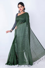 Morchari Bengal Handloom Cotton Zari Check Saree - Green | Grocsy
