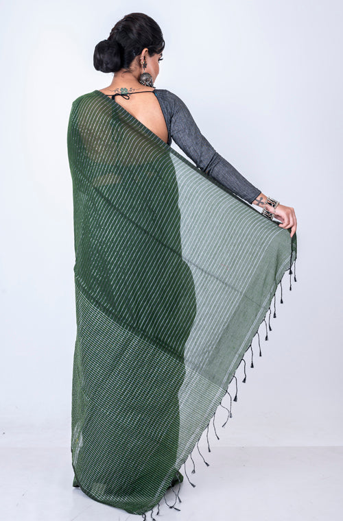 Morchari Bengal Handloom Cotton Zari Check Saree - Green | Grocsy