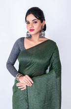 Morchari Bengal Handloom Cotton Zari Check Saree - Green | Grocsy