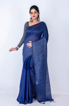 Morchari Bengal Handloom Cotton Zari Check Saree - Navy Blue | Grocsy
