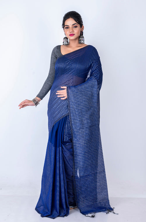 Morchari Bengal Handloom Cotton Zari Check Saree - Navy Blue | Grocsy