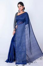 Morchari Bengal Handloom Cotton Zari Check Saree - Navy Blue | Grocsy