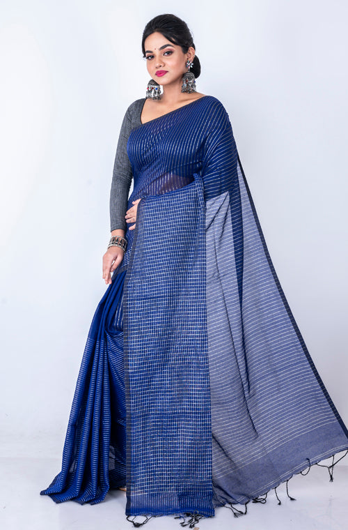 Morchari Bengal Handloom Cotton Zari Check Saree - Navy Blue | Grocsy