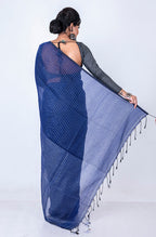 Morchari Bengal Handloom Cotton Zari Check Saree - Navy Blue | Grocsy