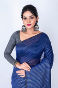 Morchari Bengal Handloom Cotton Zari Check Saree - Navy Blue | Grocsy