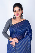 Morchari Bengal Handloom Cotton Zari Check Saree - Navy Blue | Grocsy
