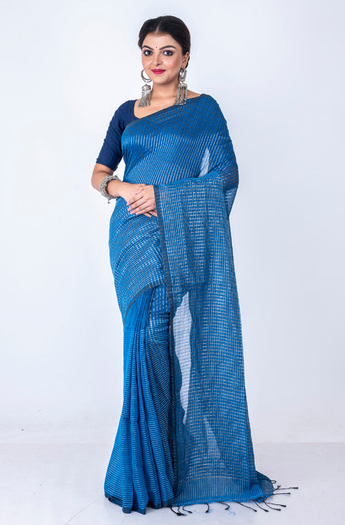 Morchari Bengal Handloom Cotton Zari Check Saree - Blue | Grocsy