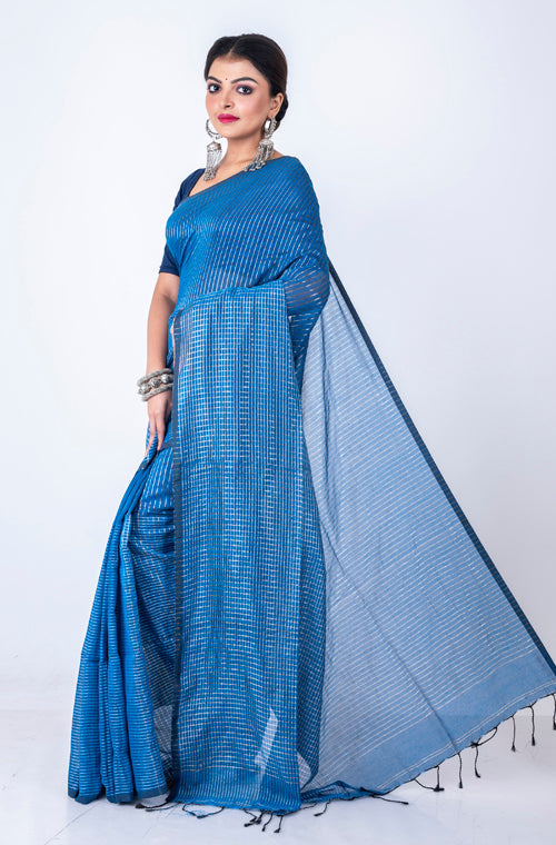 Morchari Bengal Handloom Cotton Zari Check Saree - Blue | Grocsy