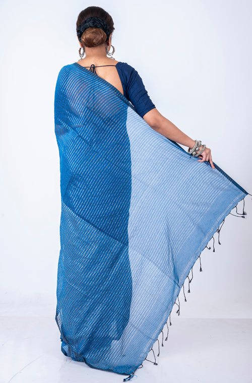 Morchari Bengal Handloom Cotton Zari Check Saree - Blue | Grocsy