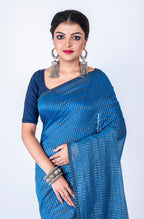 Morchari Bengal Handloom Cotton Zari Check Saree - Blue | Grocsy