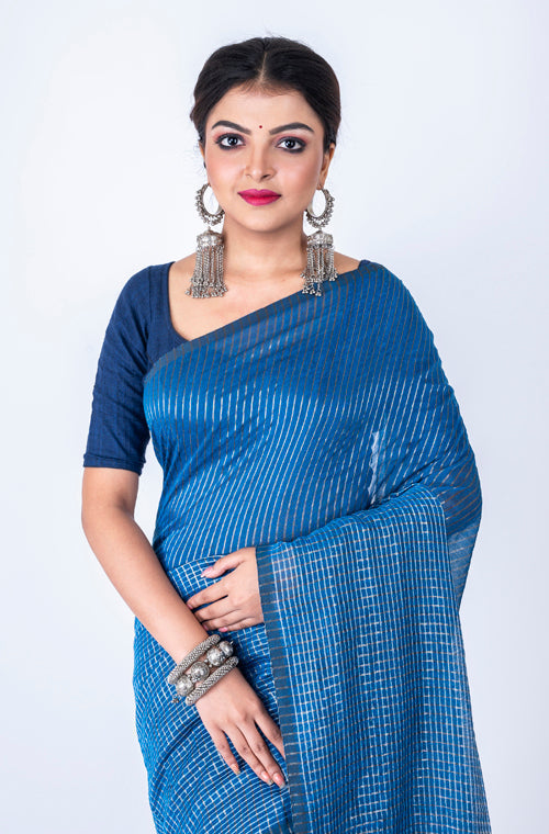 Morchari Bengal Handloom Cotton Zari Check Saree - Blue | Grocsy