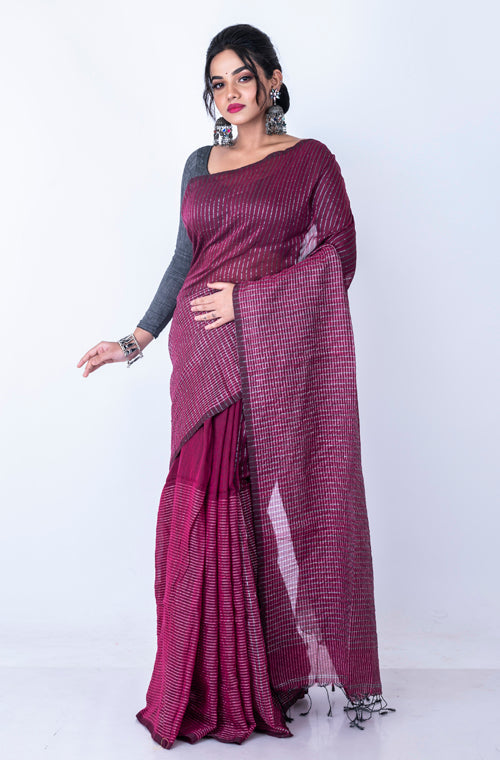 Morchari Bengal Handloom Cotton Zari Check Saree - Deep Maroon | Grocsy