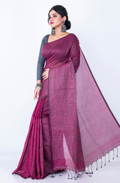 Morchari Bengal Handloom Cotton Zari Check Saree - Deep Maroon | Grocsy