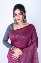 Morchari Bengal Handloom Cotton Zari Check Saree - Deep Maroon | Grocsy