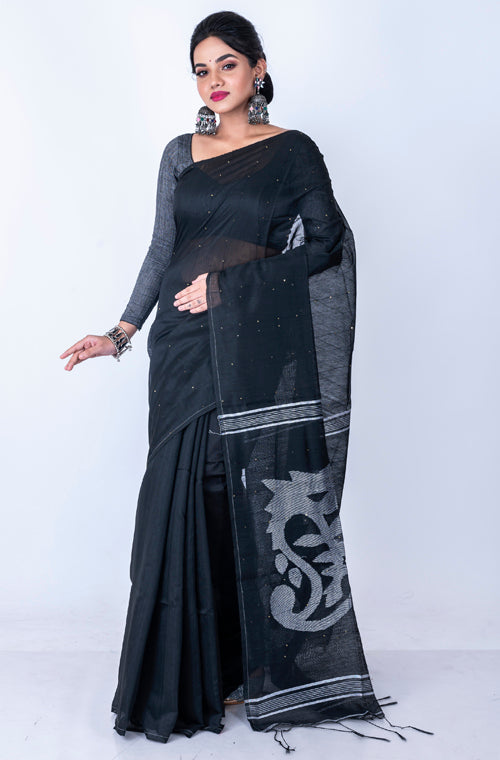 Morchari Bengal Handloom Cotton Zari Saree - Black | Grocsy