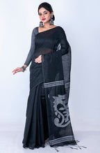 Morchari Bengal Handloom Cotton Zari Saree - Black | Grocsy