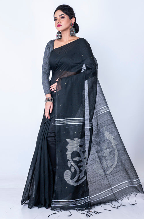 Morchari Bengal Handloom Cotton Zari Saree - Black | Grocsy