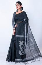 Morchari Bengal Handloom Cotton Zari Saree - Black | Grocsy