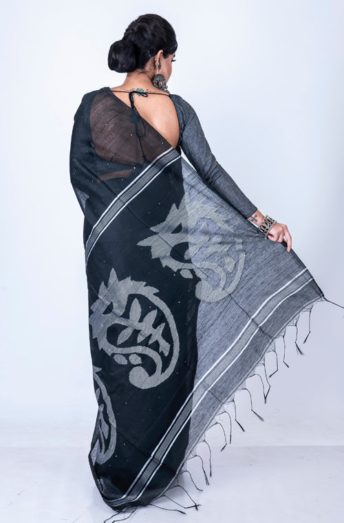 Morchari Bengal Handloom Cotton Zari Saree - Black | Grocsy