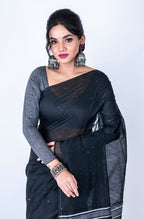 Morchari Bengal Handloom Cotton Zari Saree - Black | Grocsy