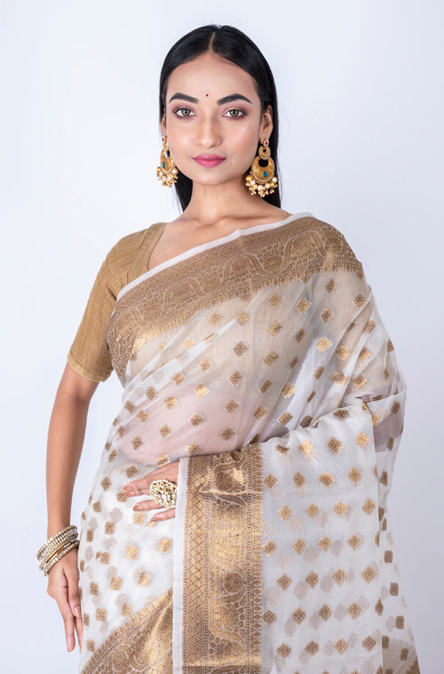 Morchari Baranasi All Over Zari Work Saree - White | Grocsy